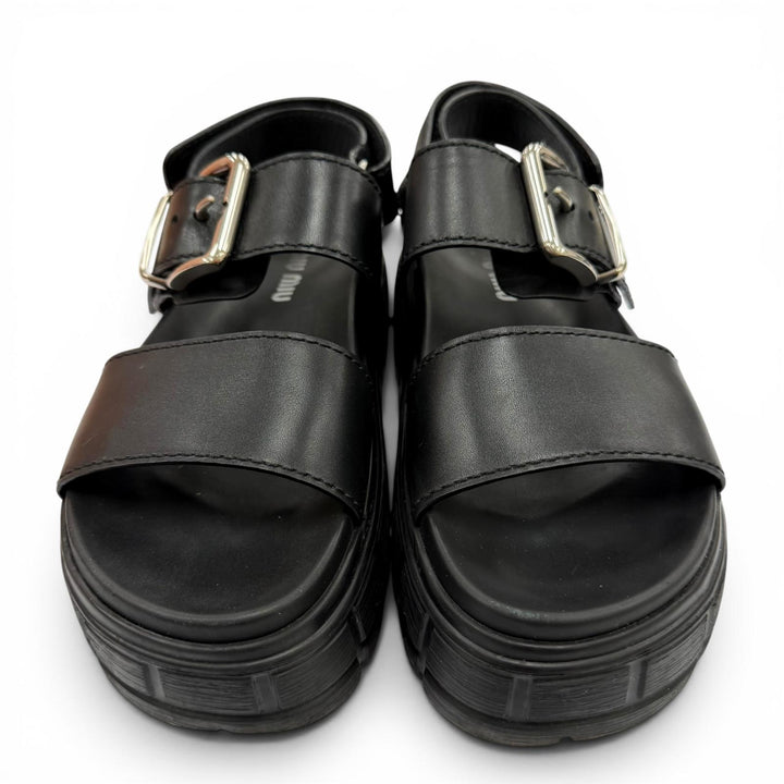 Great MIUMIU Sandals Chunky sole logo belt included black leather 36.5 5X251E
