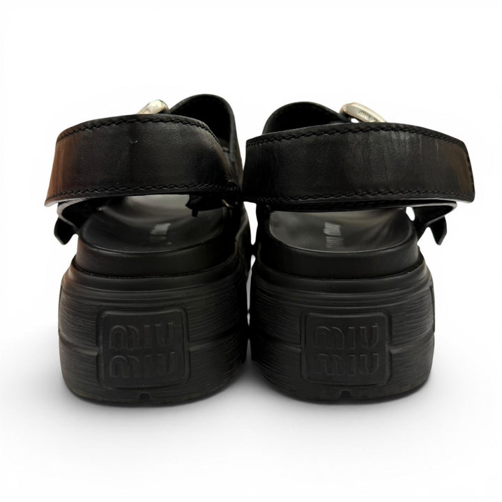 Great MIUMIU Sandals Chunky sole logo belt included black leather 36.5 5X251E