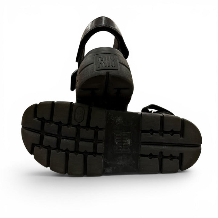 Great MIUMIU Sandals Chunky sole logo belt included black leather 36.5 5X251E