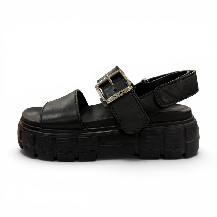 Great MIUMIU Sandals Chunky sole logo belt included black leather 36.5 5X251E