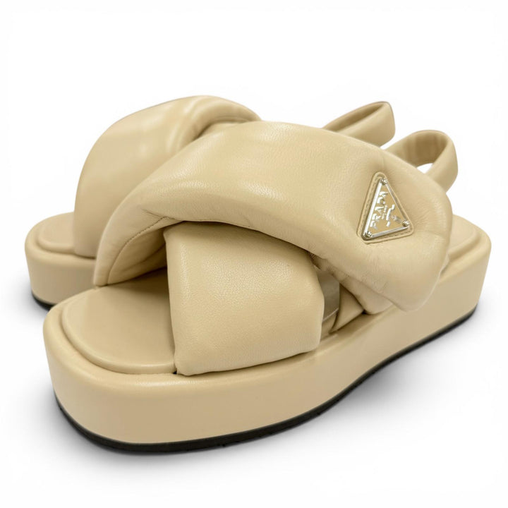 Great PRADA Sandals Triangle logo padded nappa leather beige 35 1XZ758