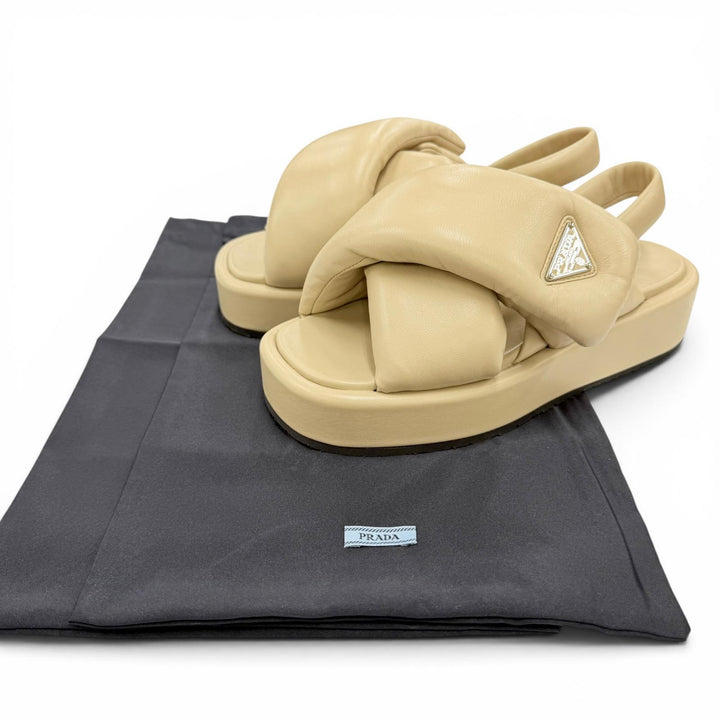Great PRADA Sandals Triangle logo padded nappa leather beige 35 1XZ758