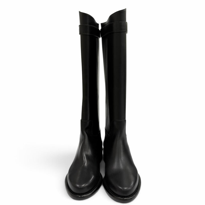 Great LOUIS VUITTON Knee-high boots waist side line black leather Women 37