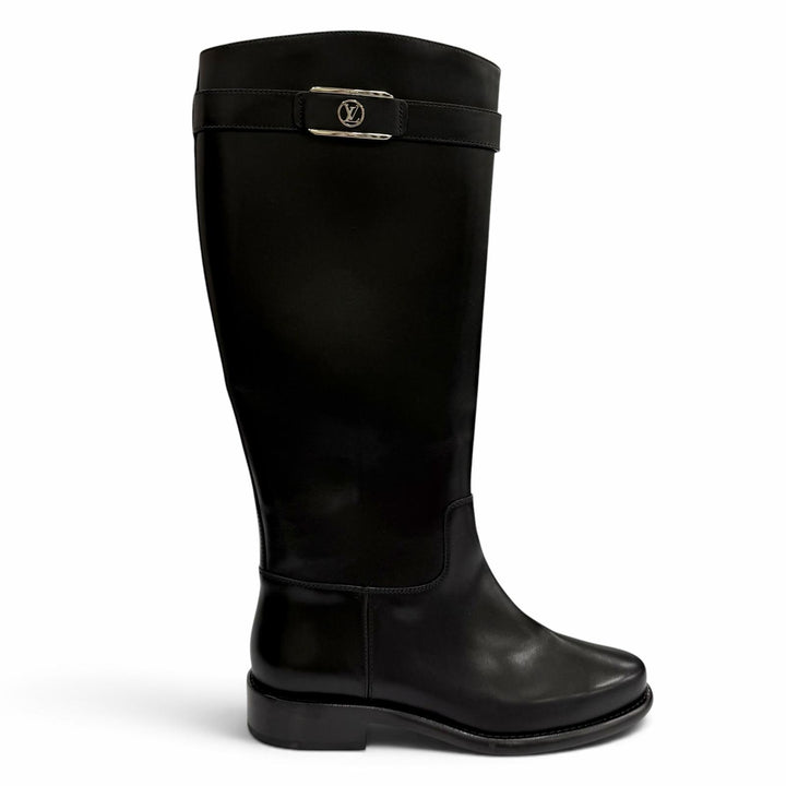 Great LOUIS VUITTON Knee-high boots waist side line black leather Women 37