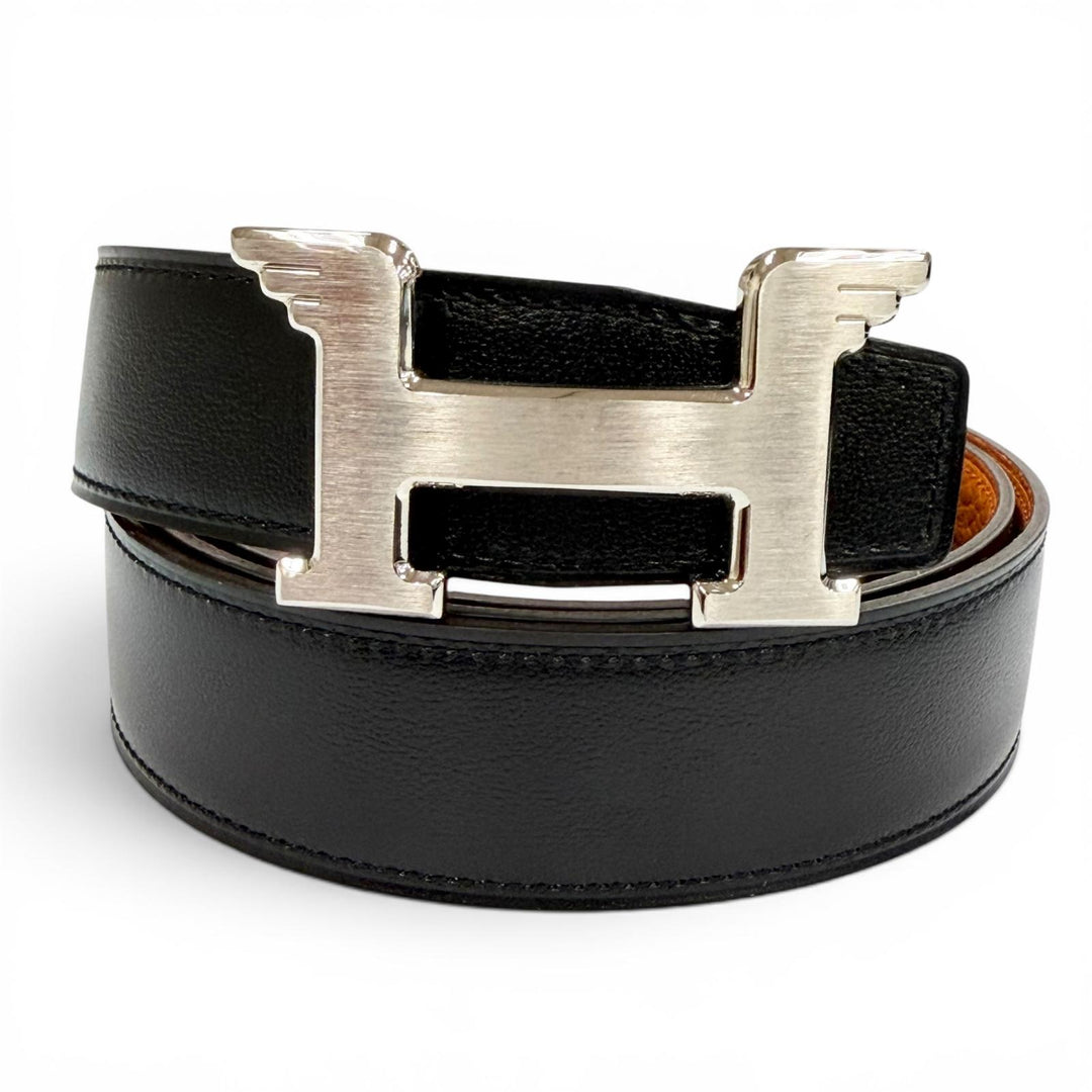Excellent HERMES belt Constance Pegasus reversible black Box scarf Leather mens