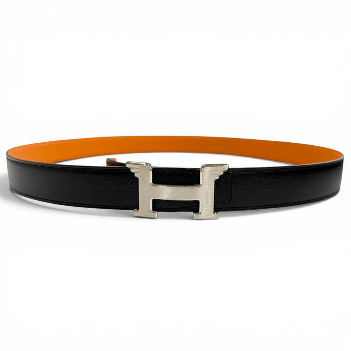 Excellent HERMES belt Constance Pegasus reversible black Box scarf Leather mens
