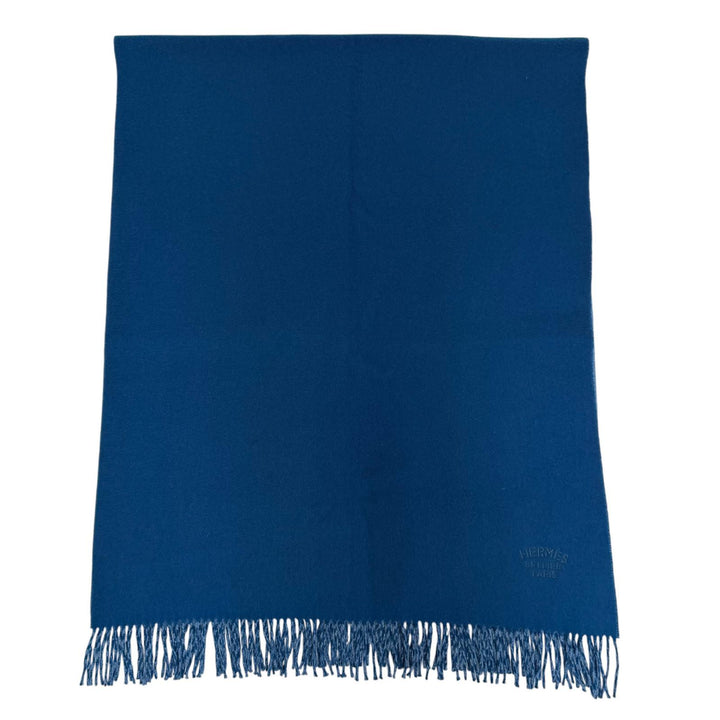 Excellent HERMES shawl Large scarf with embroidered logo Blue cashmere