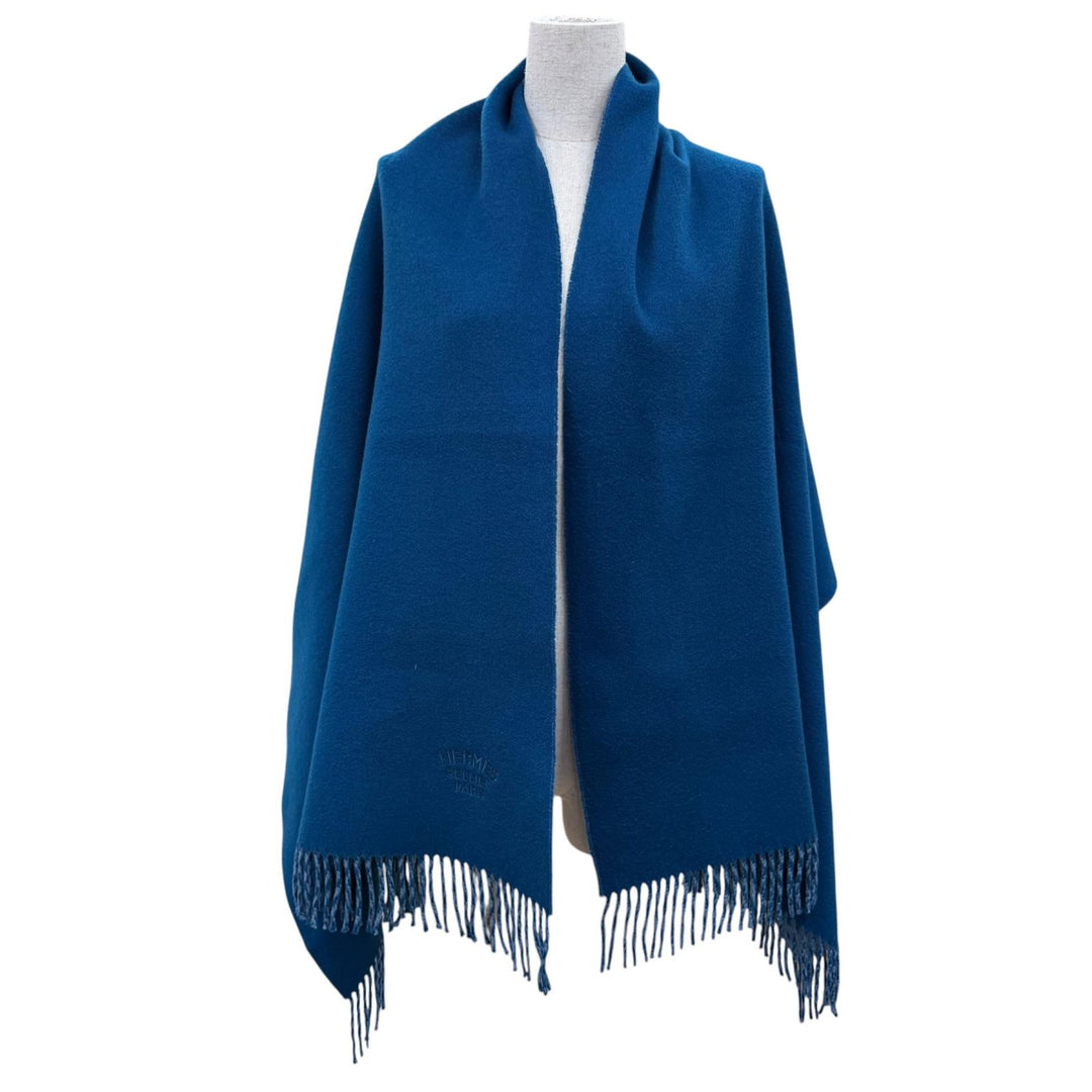 Excellent HERMES shawl Large scarf with embroidered logo Blue cashmere