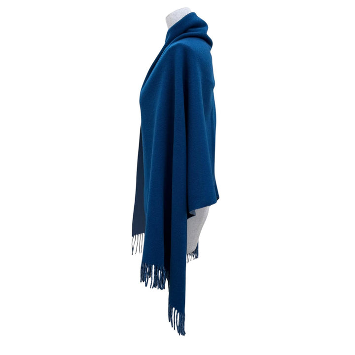 Excellent HERMES shawl Large scarf with embroidered logo Blue cashmere