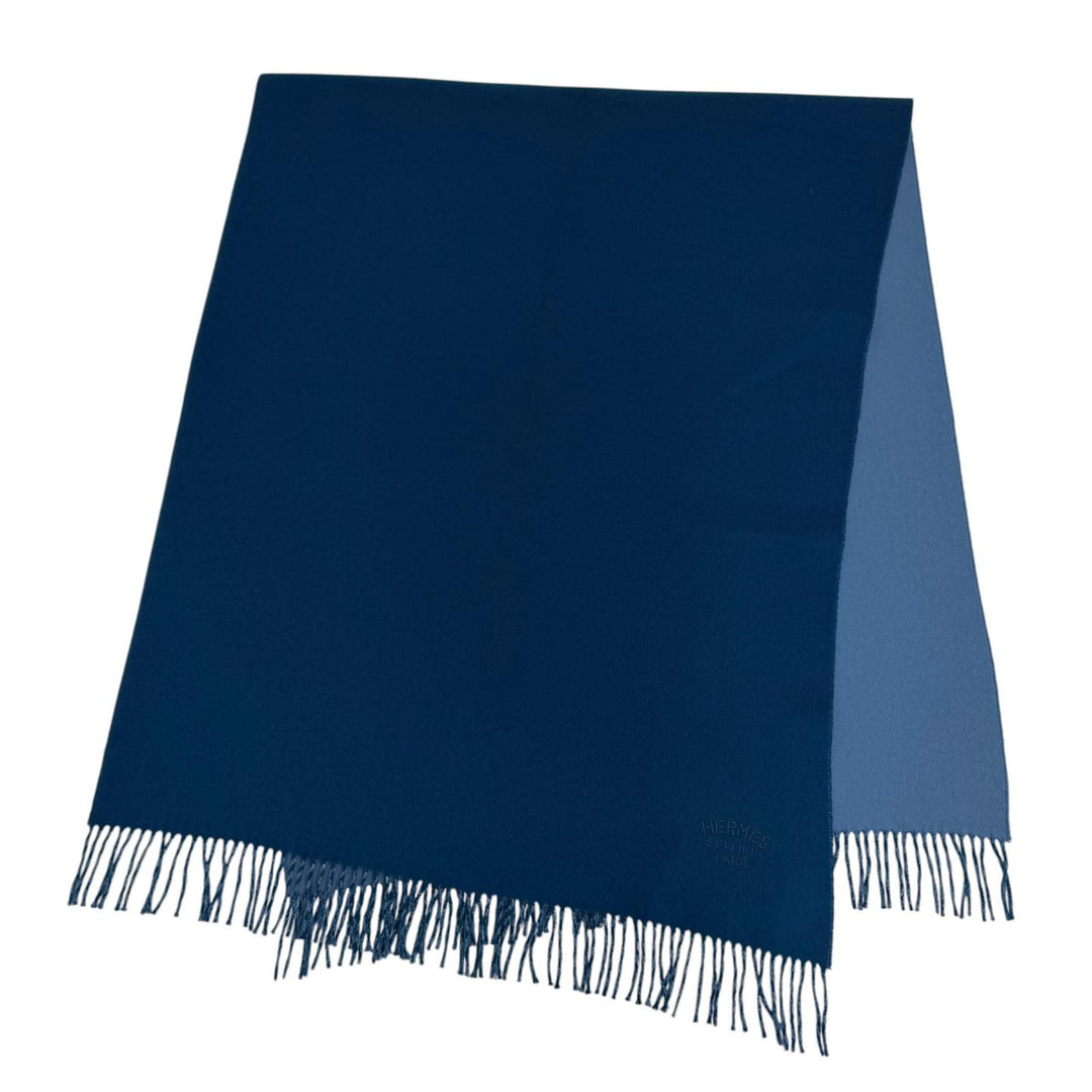Excellent HERMES shawl Large scarf with embroidered logo Blue cashmere