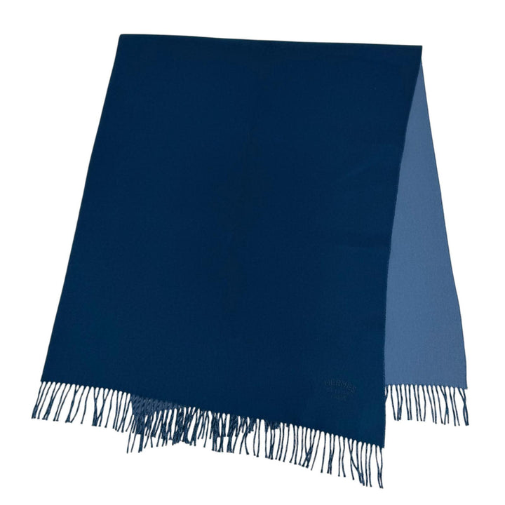 Excellent HERMES shawl Large scarf with embroidered logo Blue cashmere