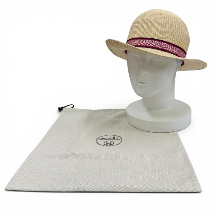 Excellent HERMES hat Greta Serie Metal Silk Ribbon Tape Straw 57 H231032N