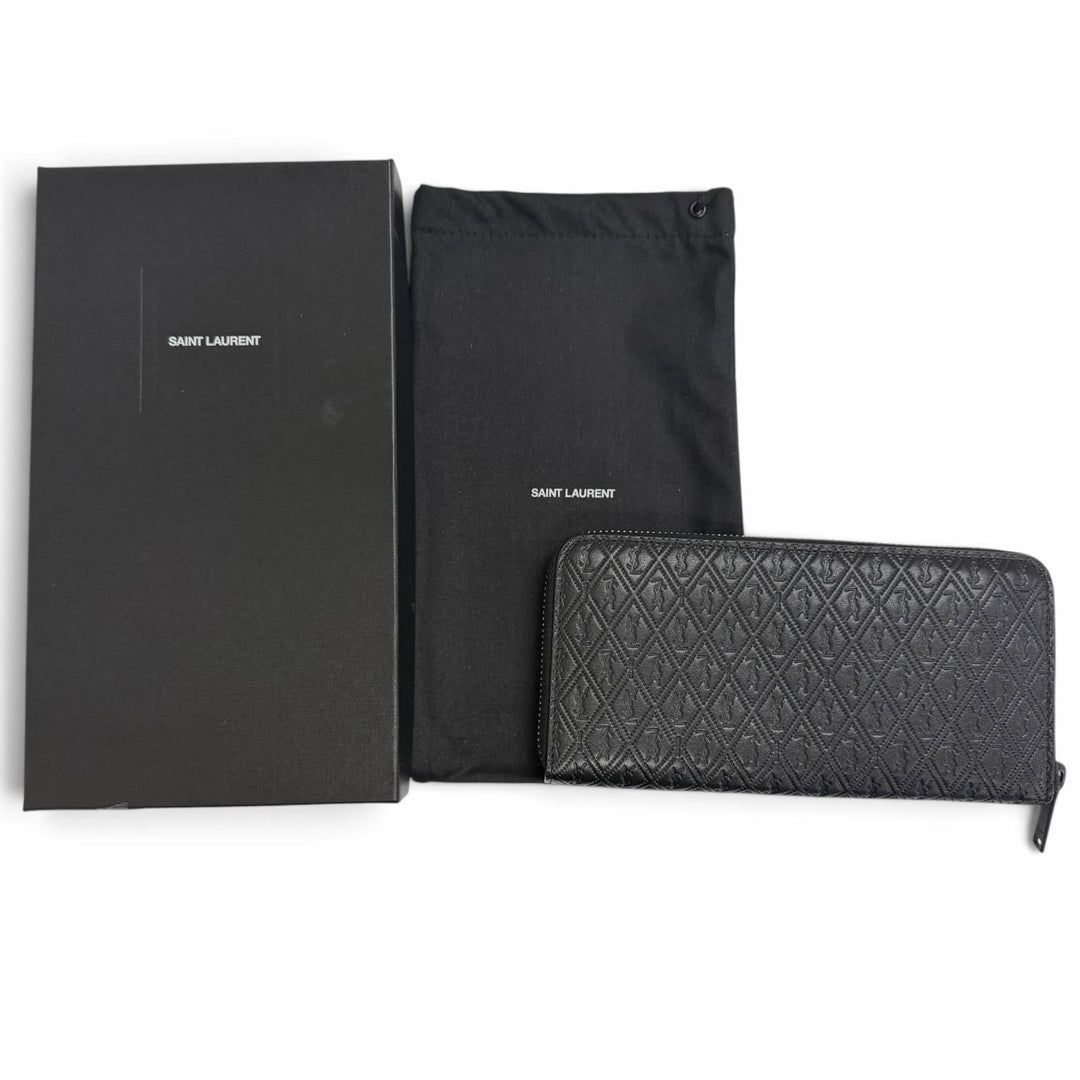 Excellent SAINT LAURENT PARIS Purse YSL Logo Round Zip Wallet black leather