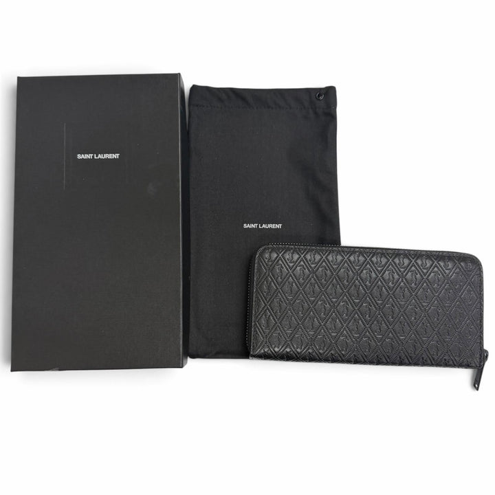 Excellent SAINT LAURENT PARIS Purse YSL Logo Round Zip Wallet black leather