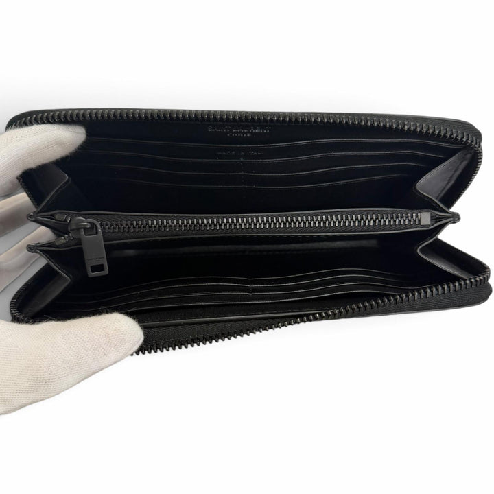 Excellent SAINT LAURENT PARIS Purse YSL Logo Round Zip Wallet black leather