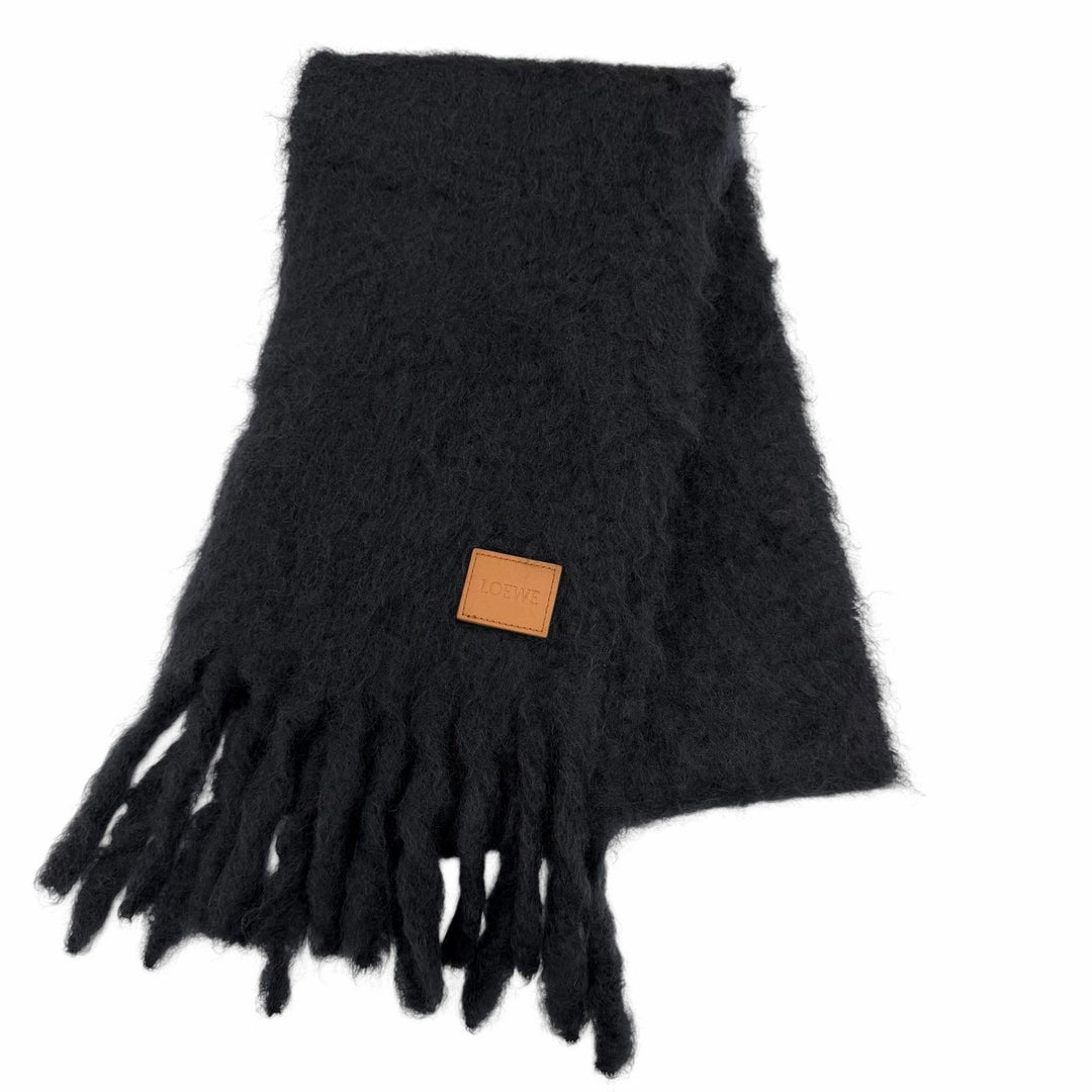 Great LOEWE Scarf Logo leather patch fringe Dark navy mohair Women