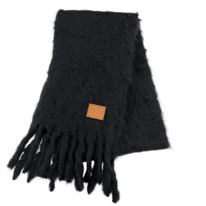 Great LOEWE Scarf Logo leather patch fringe Dark navy mohair Women