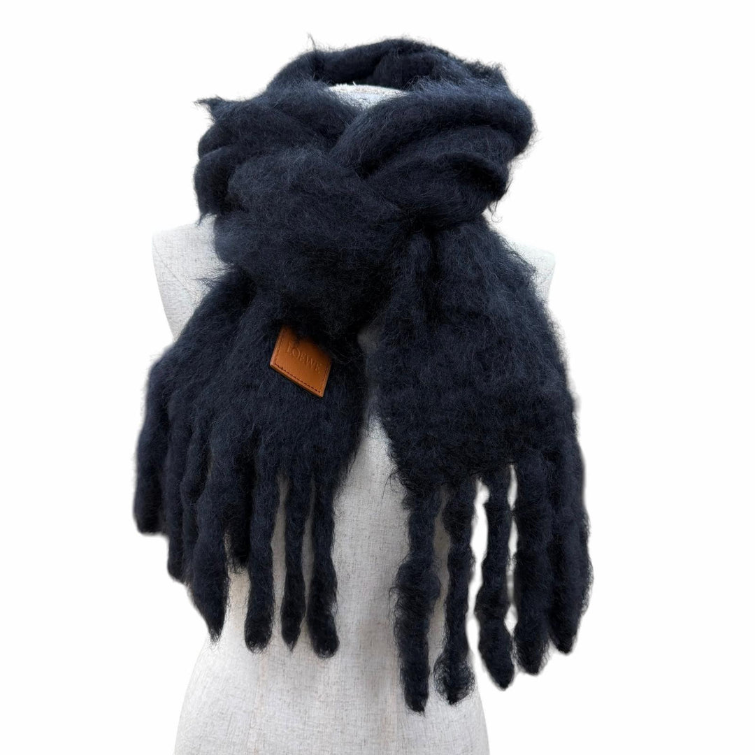 Great LOEWE Scarf Logo leather patch fringe Dark navy mohair Women