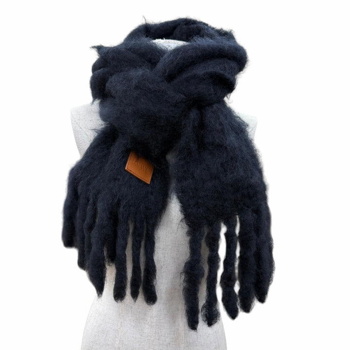 Great LOEWE Scarf Logo leather patch fringe Dark navy mohair Women