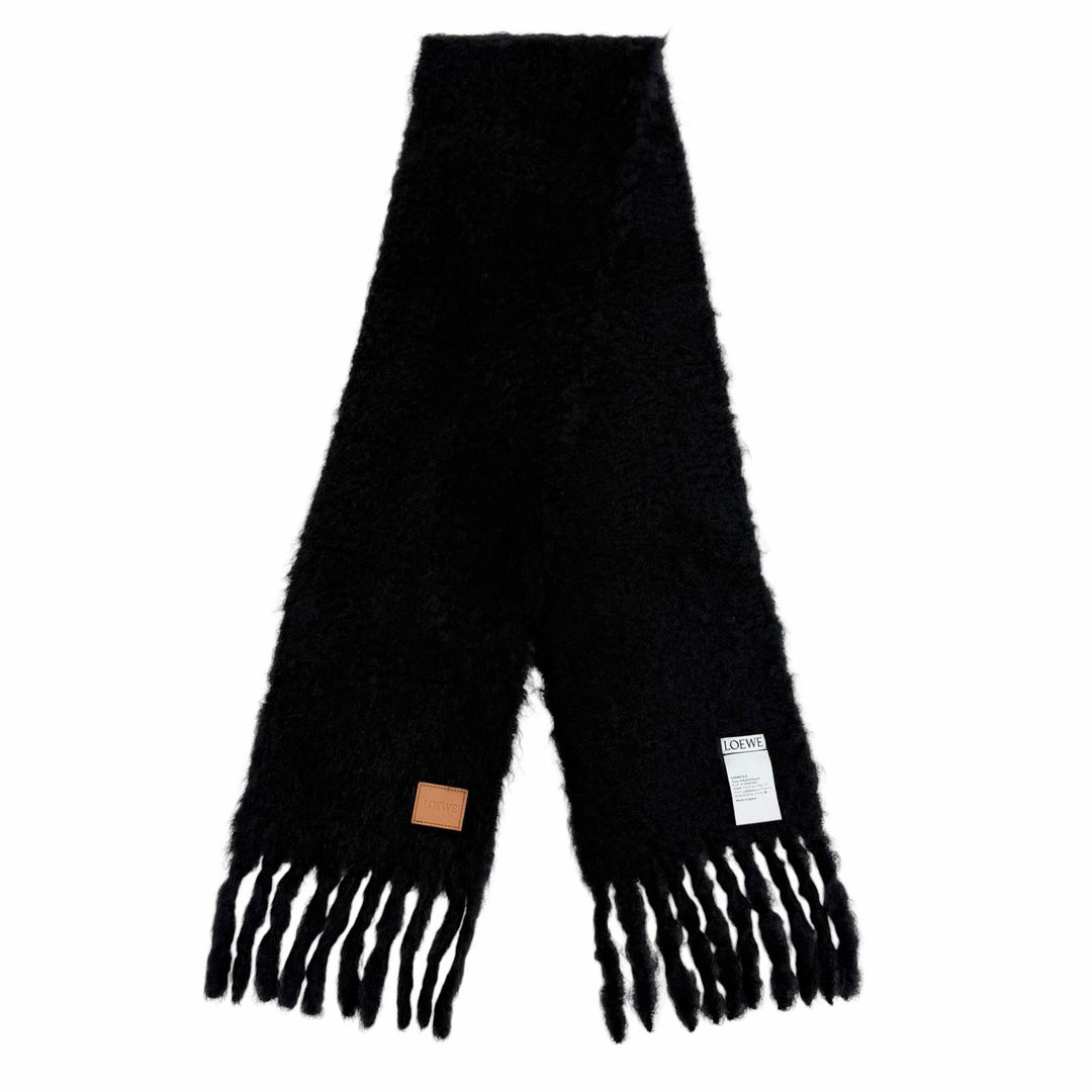 Great LOEWE Scarf Logo leather patch fringe Dark navy mohair Women