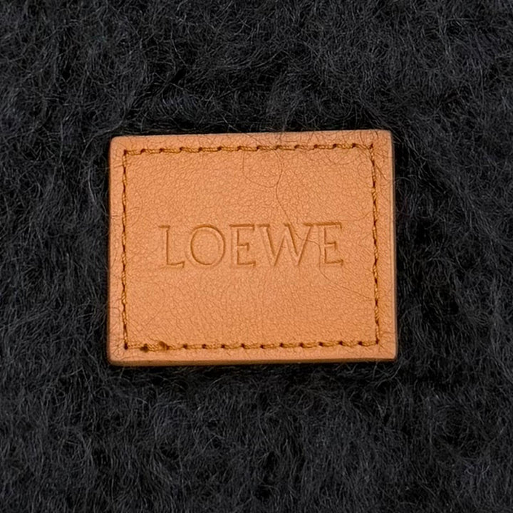 Great LOEWE Scarf Logo leather patch fringe Dark navy mohair Women
