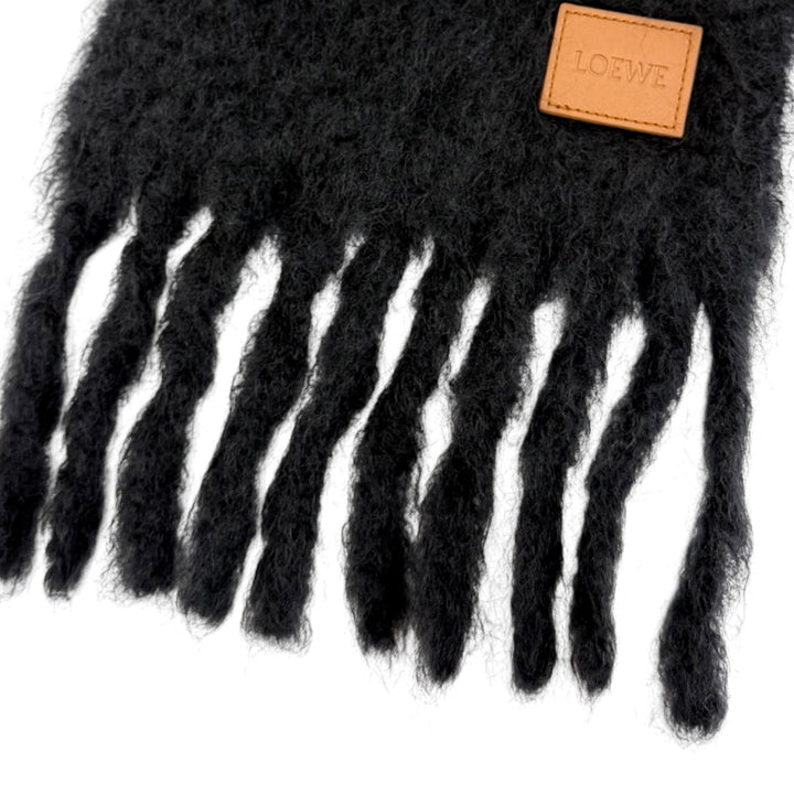 Great LOEWE Scarf Logo leather patch fringe Dark navy mohair Women