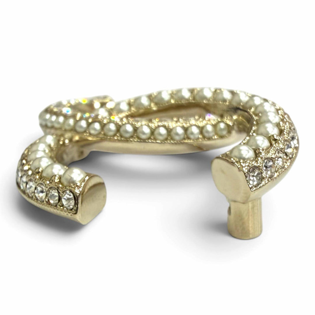 Excellent CHANEL Brooch COCO Mark Rhinestone Fake Pearl gold Women L22B