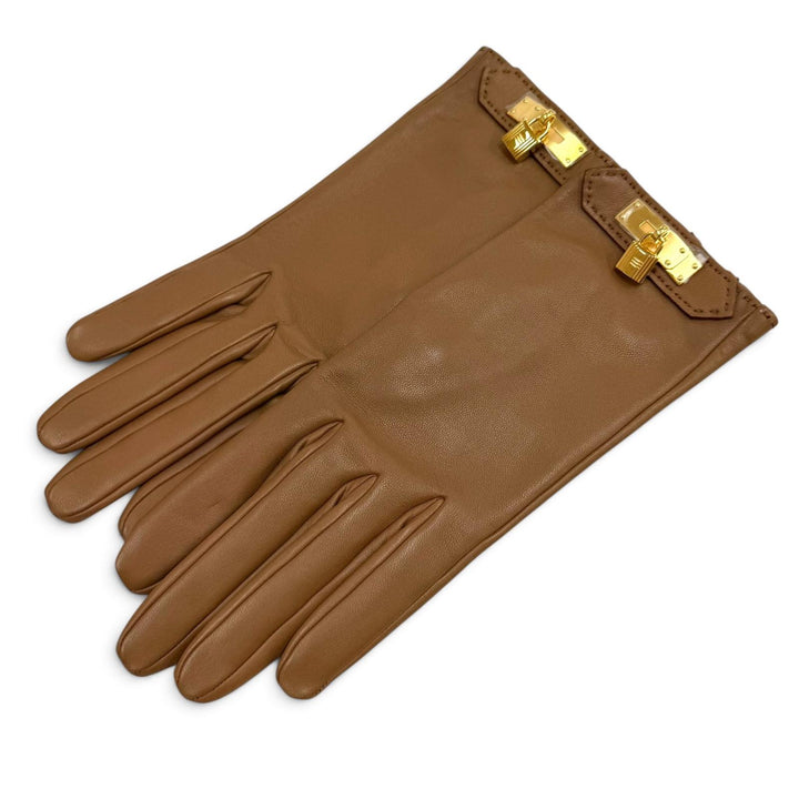 Excellent HERMES gloves Kelly Metal Leather Gloves Brown Lamb leather Women 6.5