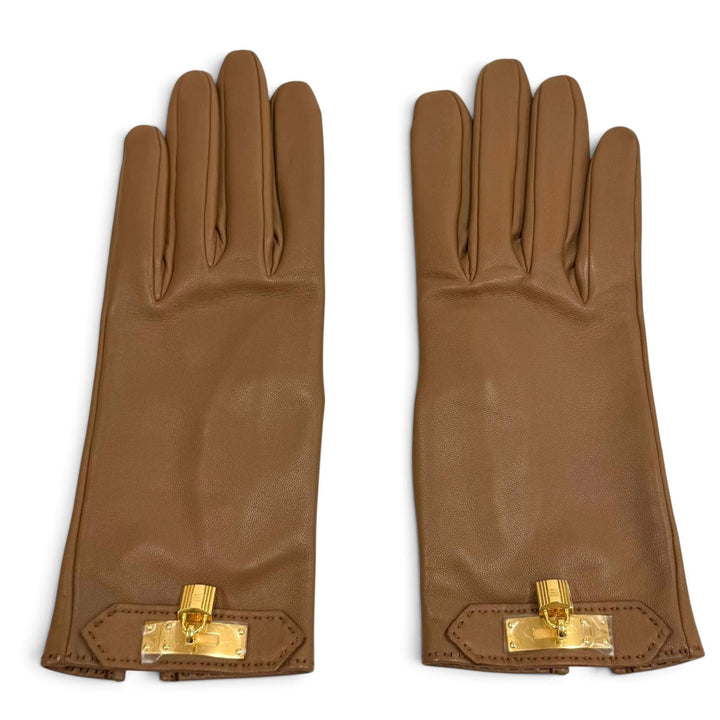 Excellent HERMES gloves Kelly Metal Leather Gloves Brown Lamb leather Women 6.5