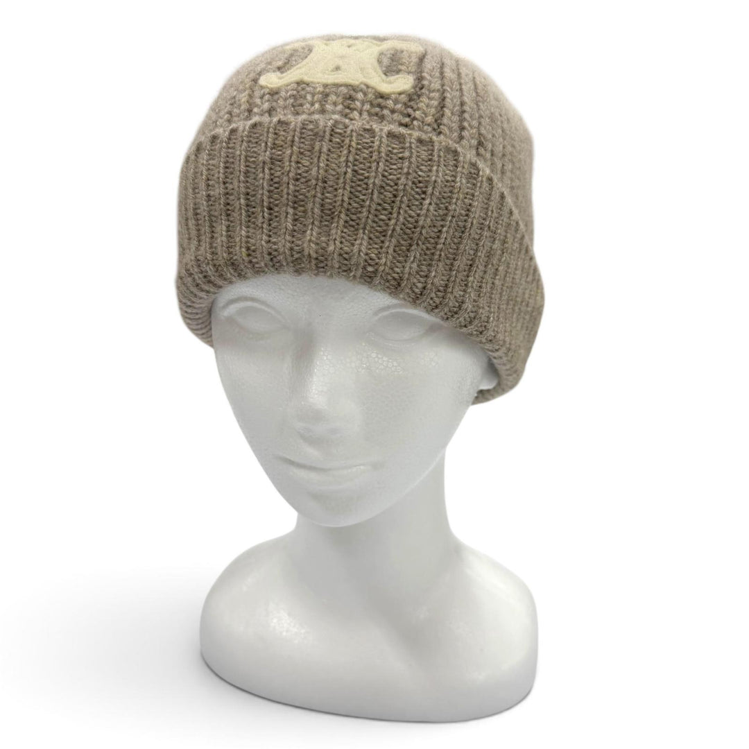 Excellent CELINE Knit cap Hat with Trionf patch beige cashmere mens 2AA32384D