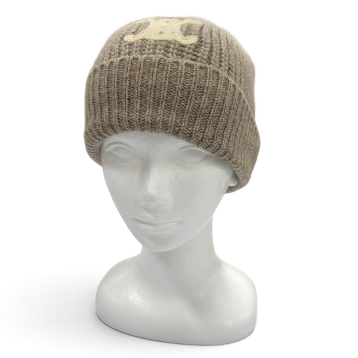 Excellent CELINE Knit cap Hat with Trionf patch beige cashmere mens 2AA32384D