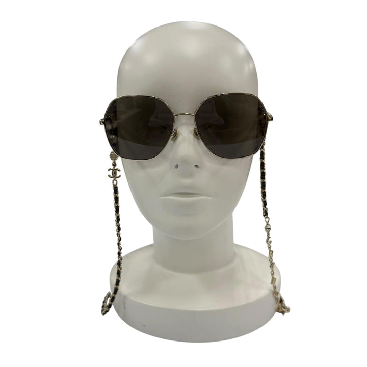 Great CHANEL sunglasses COCO Mark Hexagon Logo with Chain gold Women 4275-Q