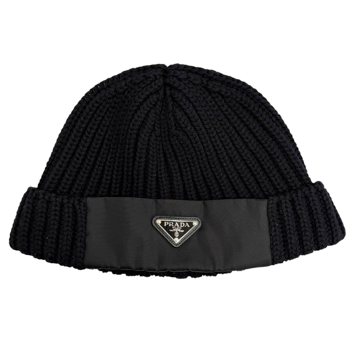 Very Good PRADA Knit cap Triangle logo knit hat black Virgin wool mens L UMD446