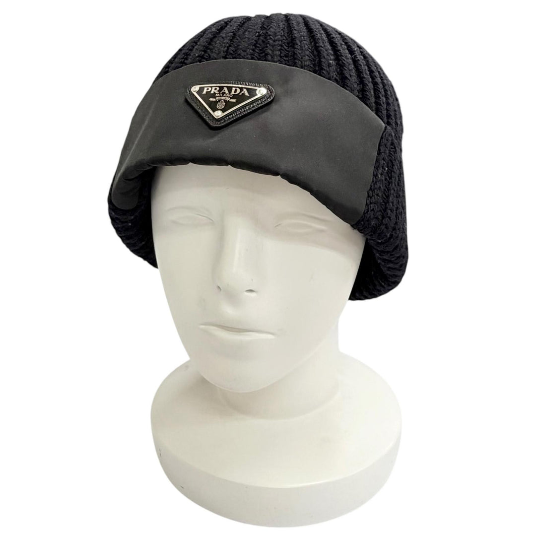 Very Good PRADA Knit cap Triangle logo knit hat black Virgin wool mens L UMD446