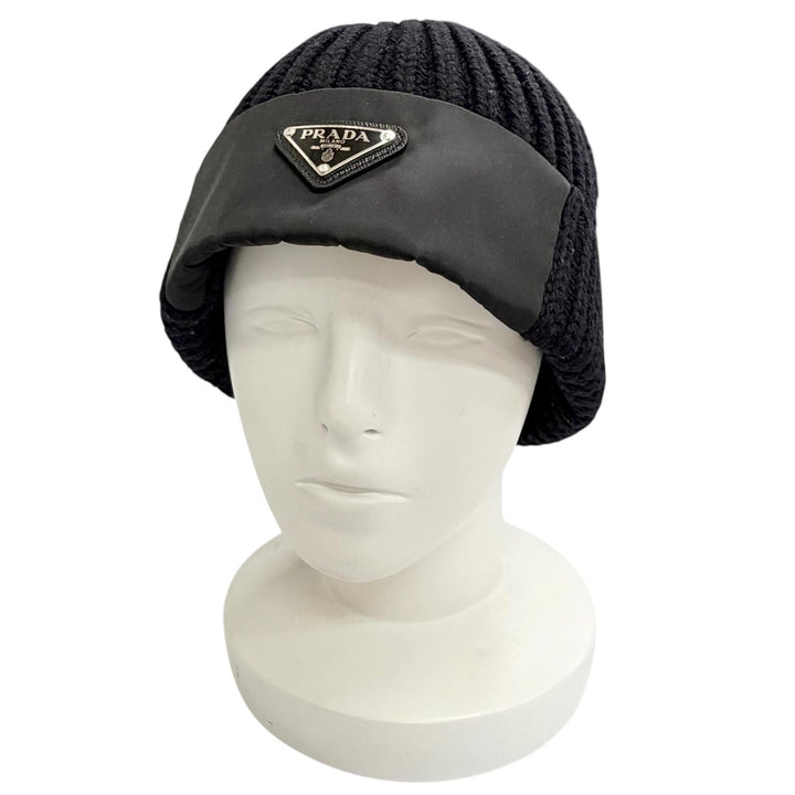 Very Good PRADA Knit cap Triangle logo knit hat black Virgin wool mens L UMD446