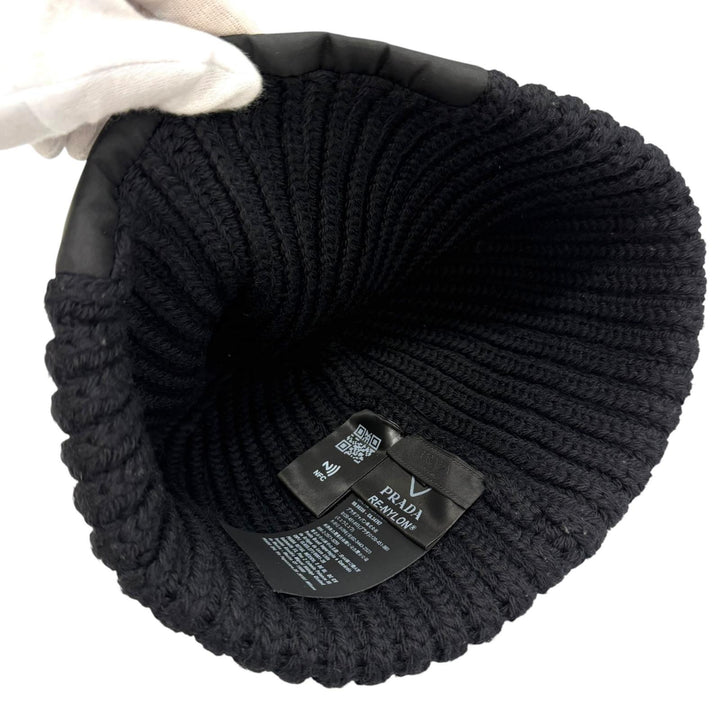 Very Good PRADA Knit cap Triangle logo knit hat black Virgin wool mens L UMD446