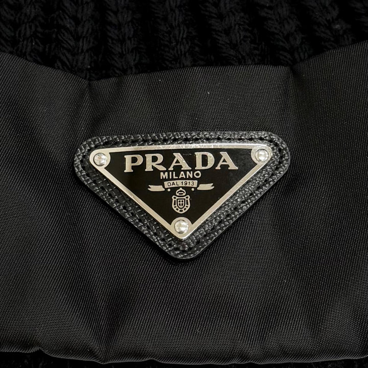 Very Good PRADA Knit cap Triangle logo knit hat black Virgin wool mens L UMD446