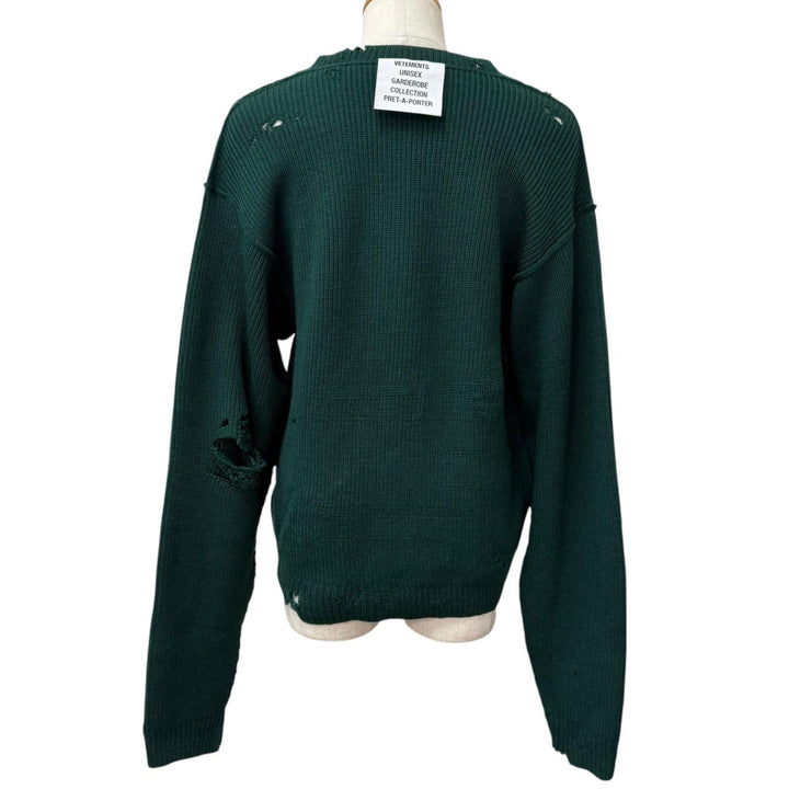 Pristine VETEMENTS sweater Destroyed V-neck knit green Virgin wool mens