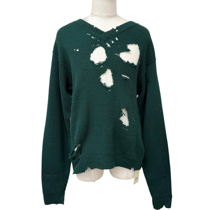 Pristine VETEMENTS sweater Destroyed V-neck knit green Virgin wool mens