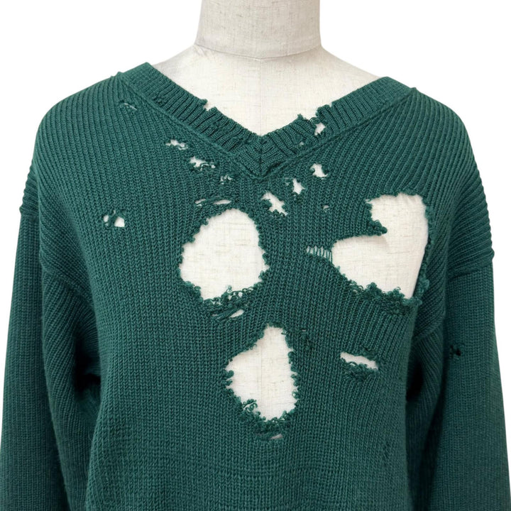 Pristine VETEMENTS sweater Destroyed V-neck knit green Virgin wool mens