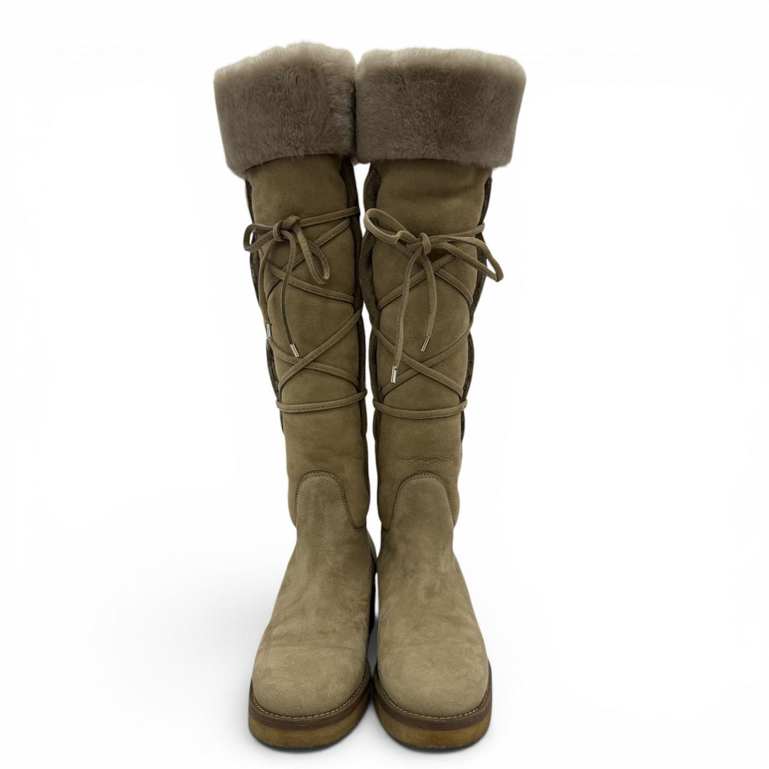 Great Loro Piana Knee-high boots Lace-up sheepskin boots beige Mouton Women 38