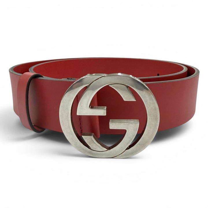 Excellent GUCCI belt Interlocking G leather Red leather Women 546389