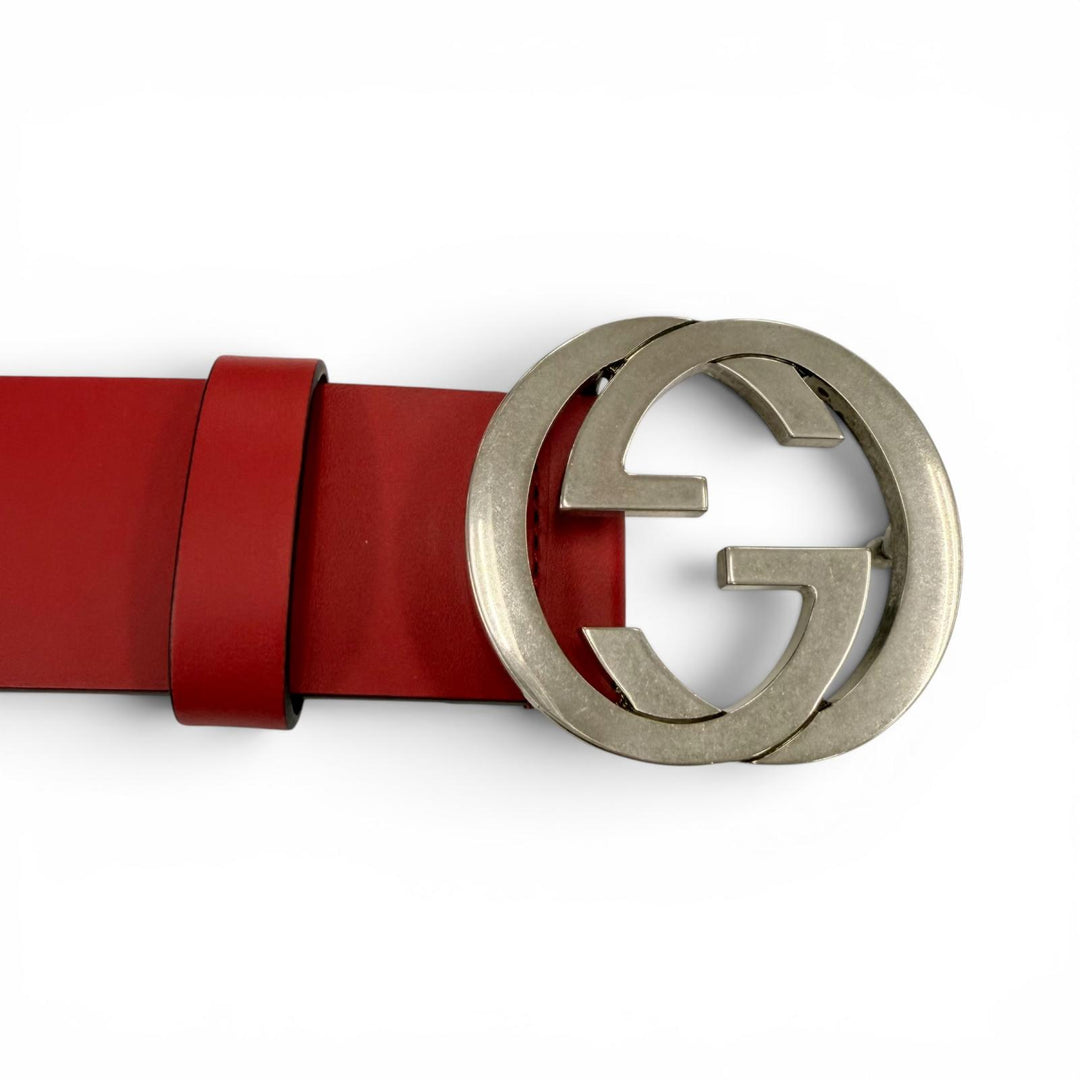 Excellent GUCCI belt Interlocking G leather Red leather Women 546389