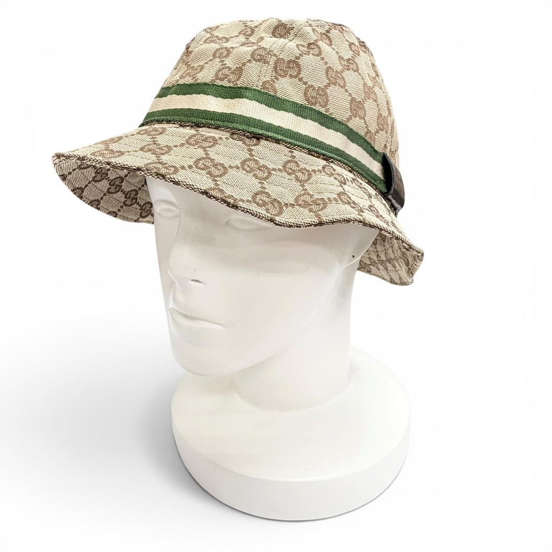 Pristine GUCCI Logo leather patch GG canvas web line bucket hat beige Women M