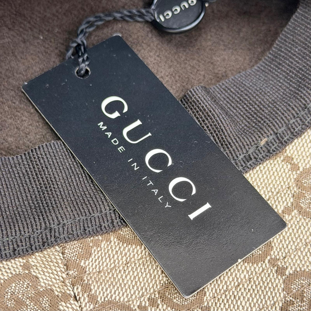 Pristine GUCCI Logo leather patch GG canvas web line bucket hat beige Women M