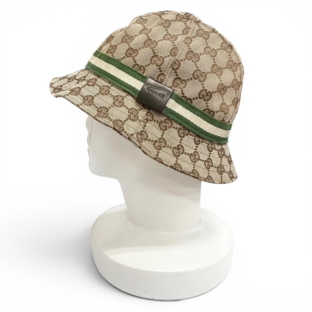 Pristine GUCCI Logo leather patch GG canvas web line bucket hat beige Women M