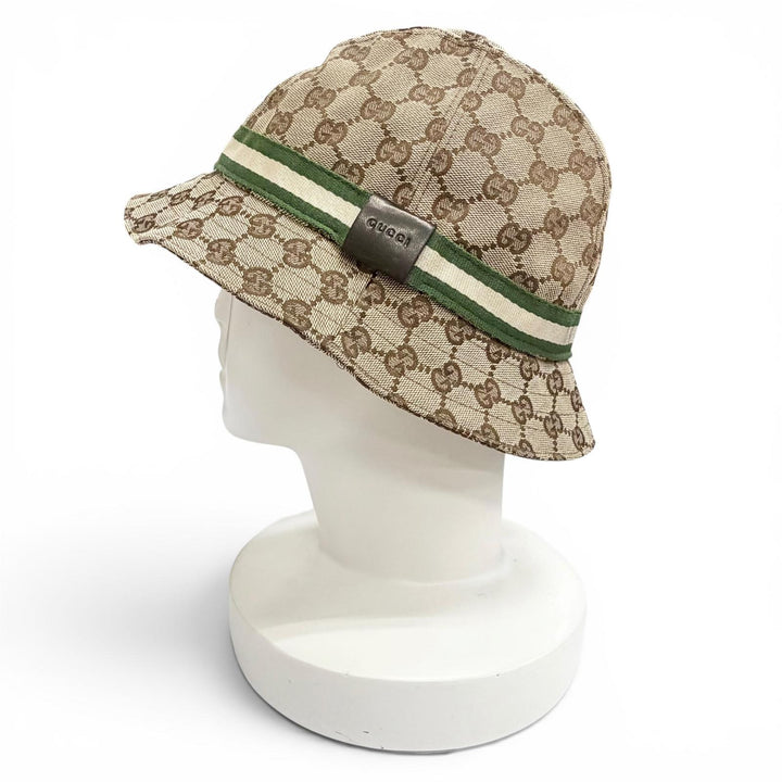Pristine GUCCI Logo leather patch GG canvas web line bucket hat beige Women M