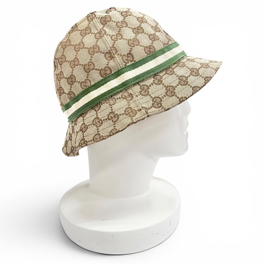 Pristine GUCCI Logo leather patch GG canvas web line bucket hat beige Women M