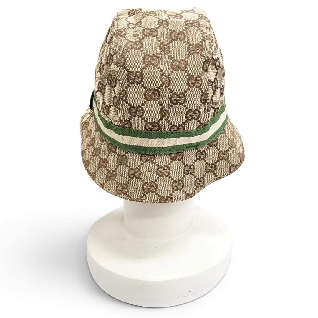 Pristine GUCCI Logo leather patch GG canvas web line bucket hat beige Women M