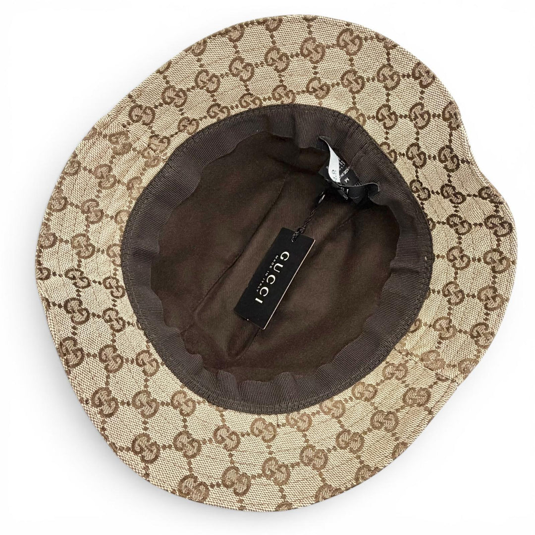 Pristine GUCCI Logo leather patch GG canvas web line bucket hat beige Women M